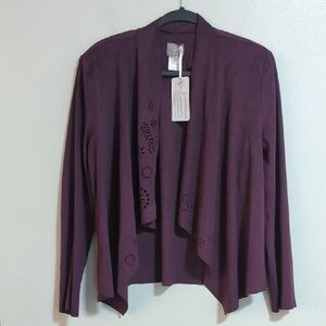 NWOT Fair Lady Purple Long Sleeve Draped Open Front Eyelet Pattern Cardigan 10